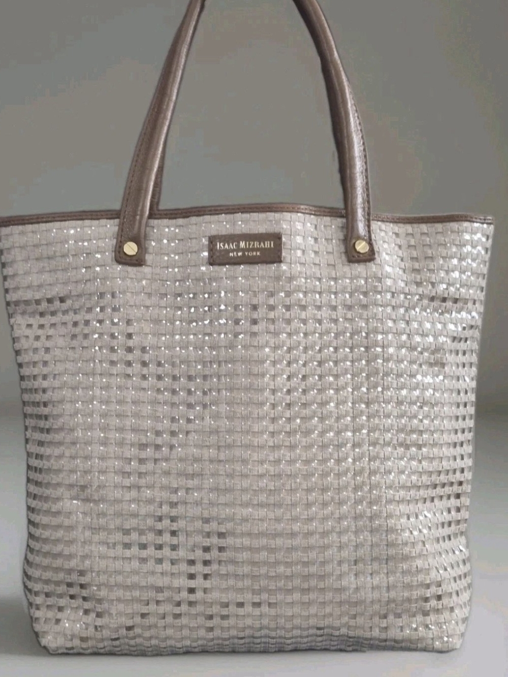 Isaac Mizrahi New York Woven Leather Trim Tote Shoulder Bag Brown Beige